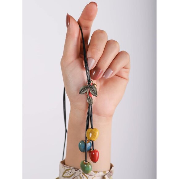 Vintage Bohemian Leaf Charm Colorful Ceramic Bead Long Y Necklace, Boho Jewelry - Picture 5 of 7